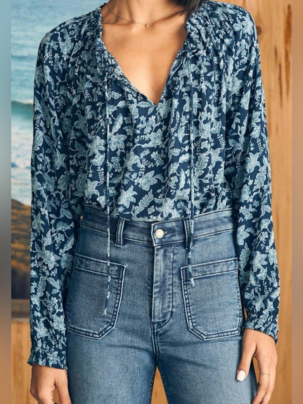 Faherty Emery Blouse Blue Esna Floral Tie Neck Long Sleeve XXS